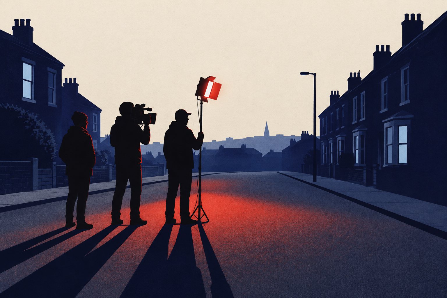 A small film crew shooting on a residential street at night